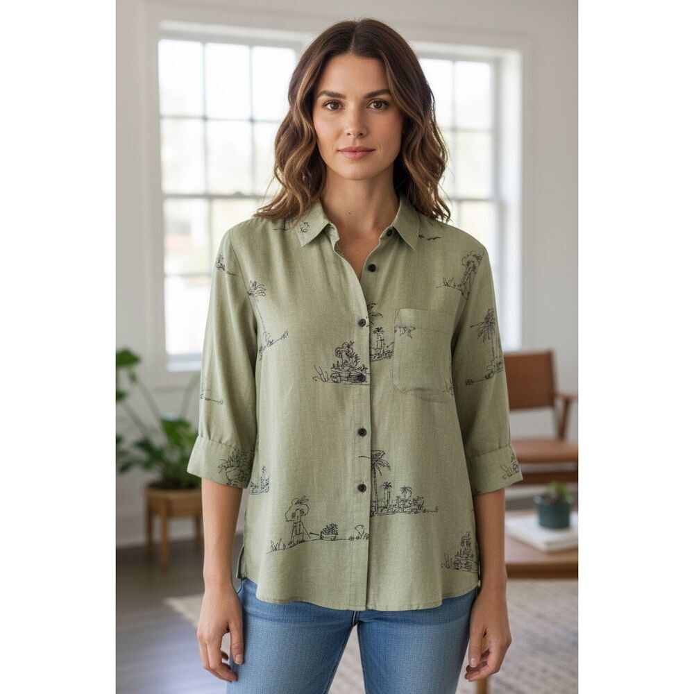 Chico's Sage Green Linen Monkey Print Button-Up Shirt Size 0 (4) Slit 3/4-Sleeve